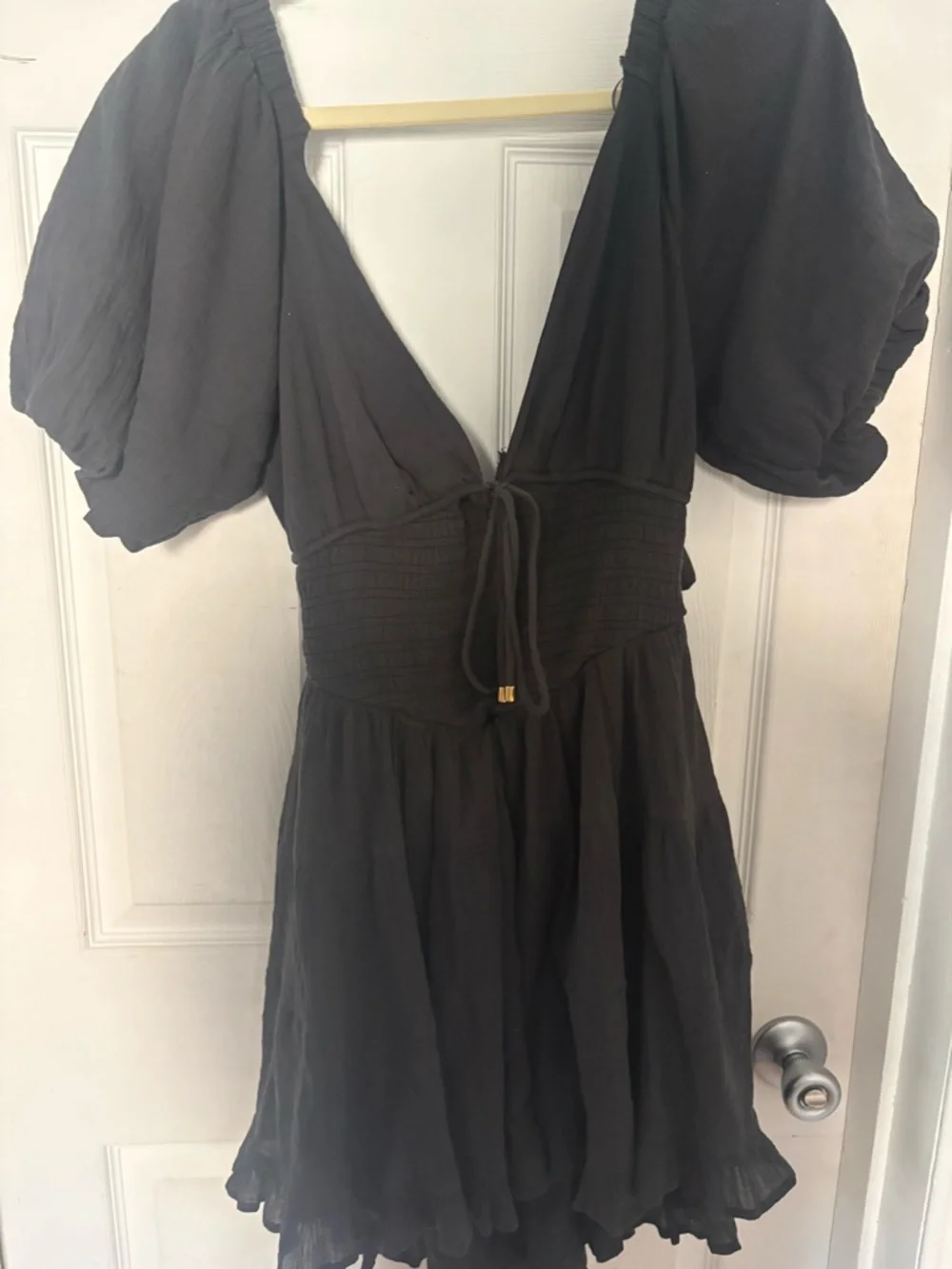 Free People Black Tie-Front Smocked Mini Dress